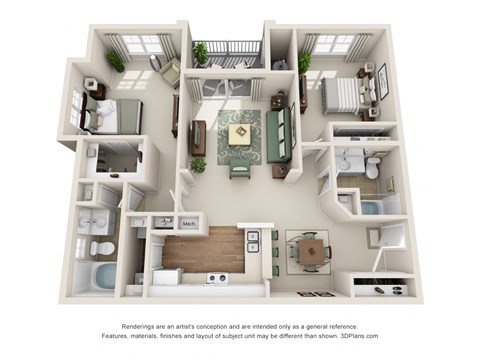 Floor plan for 2 beds, 2 baths, 1073 sqft